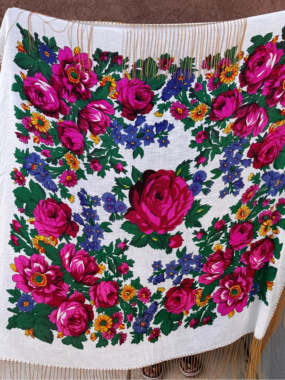 Vintage traditional floral-patterned fringed shawl, often referred to as a Slavi